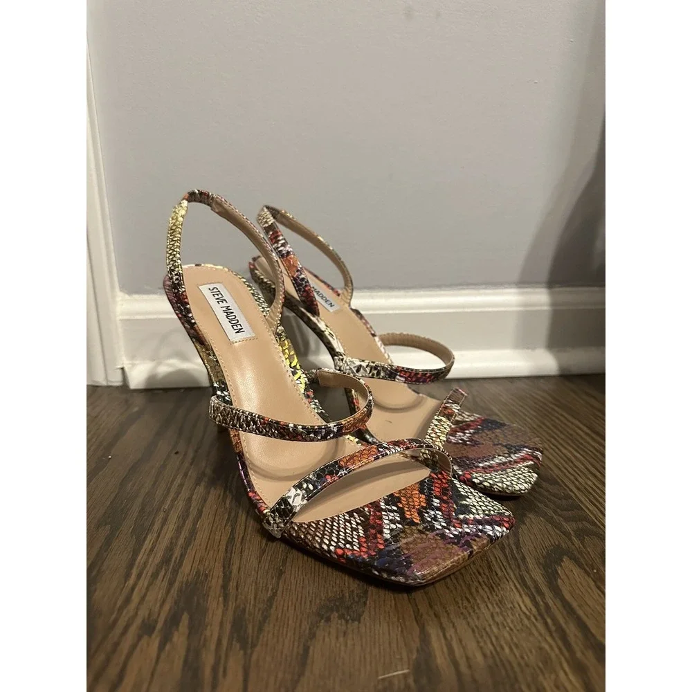 Steve Madden Gracey Stiletto‎ Heeled Sandal Rainbow Snake Print Sz 10 Multicolor